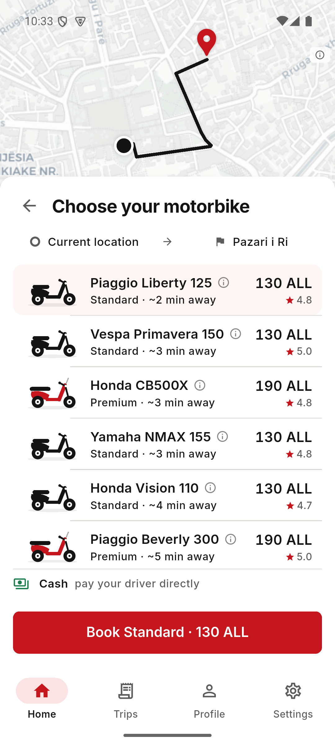 Choosing a motorcycle in the Quick Ride app